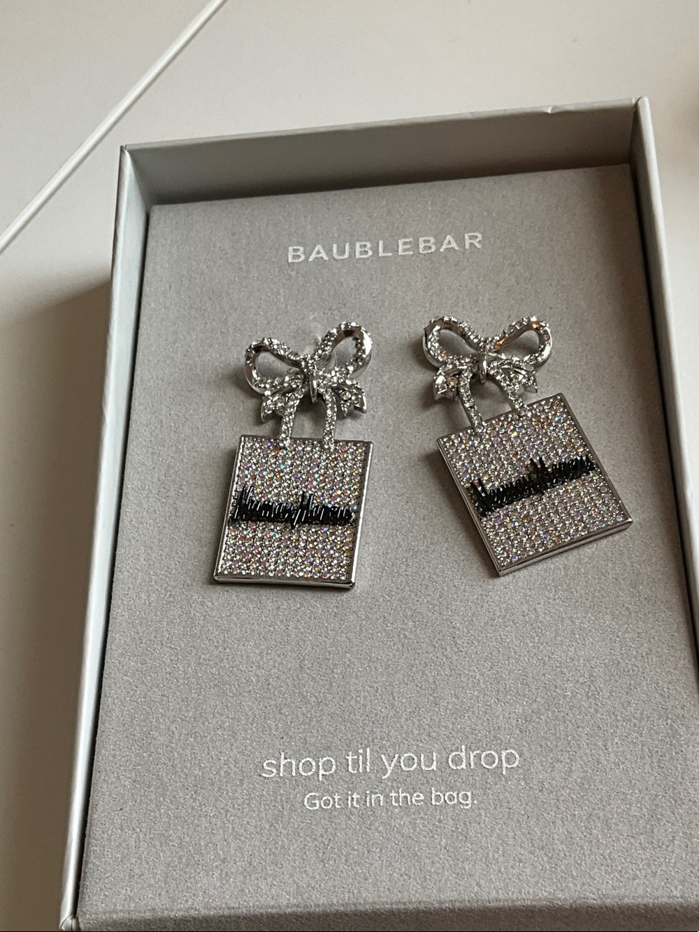 Neiman Marcus BaubleBar Silver Crystal Bow Drop Earrings with Black Accent